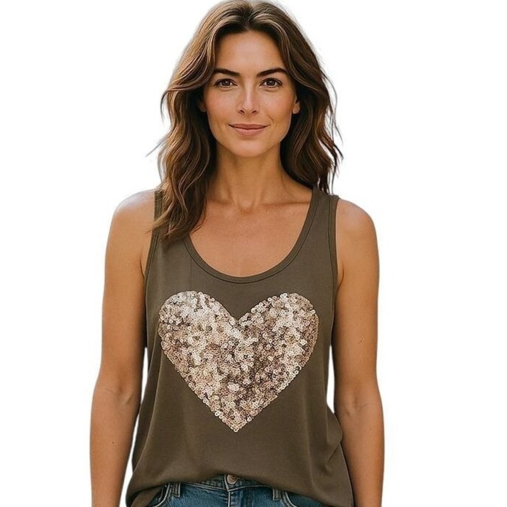 New York & Co Dark‎ Olive Green Sequin Heart Scoop Neck Tank Top  Medium